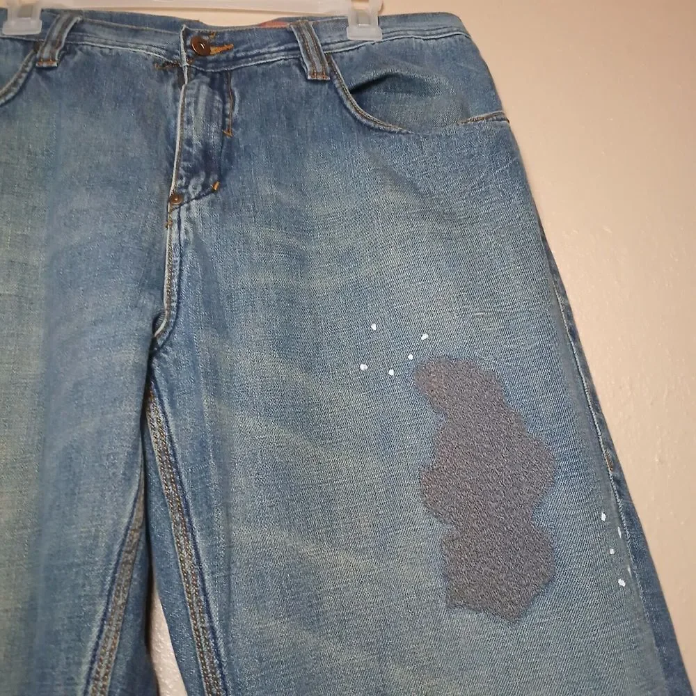 Meoshe Jeans 36x32 Baggy Wide Leg‎ Skater Y2k Grunge Embroidered Vintage Patch